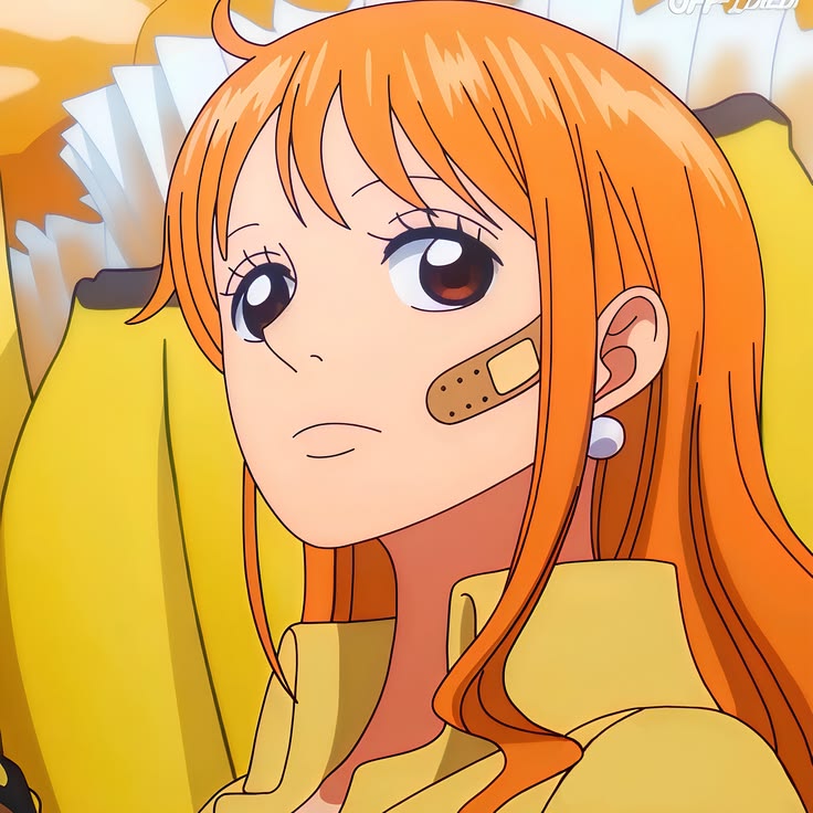 Anime girl with long orange hair, blue eyes, and bandage on cheek wearing yellow clothing