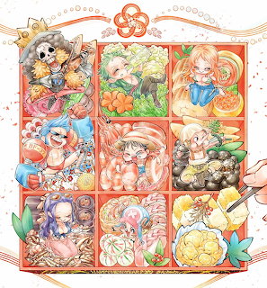 Anime illustration of One Piece Straw Hat characters arranged in bento box compartments with food