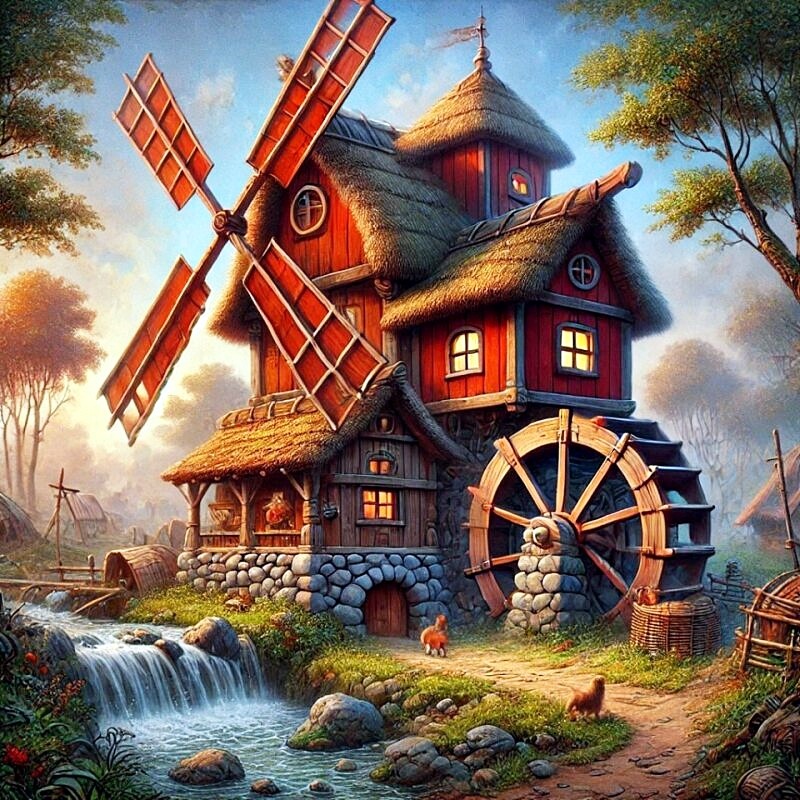Cozy village mill cottage with windmill sails, water wheel, stream, and trees