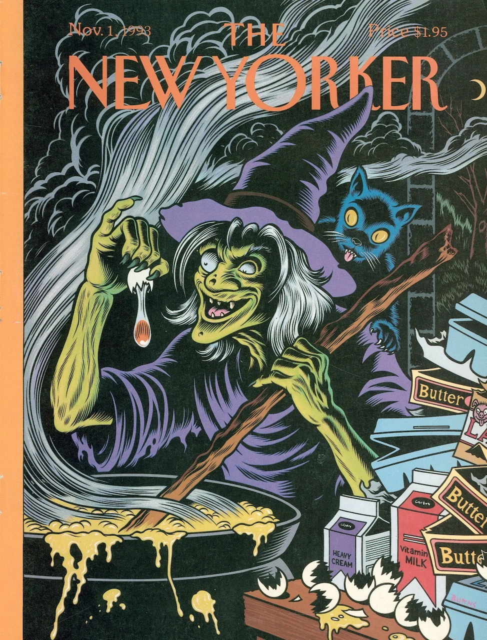 New Yorker Halloween cover illustration of a green witch stirring a cauldron with butter boxes flying around