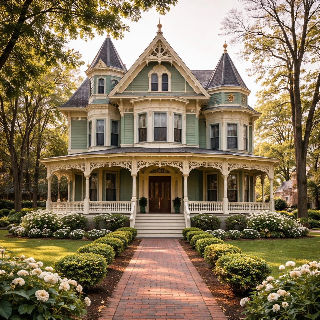 Victorian mansion with turrets, wraparound porch, and landscaped front garden