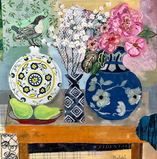 Mixed media still life with patterned vases, flowers, and decorative plate on wooden surface