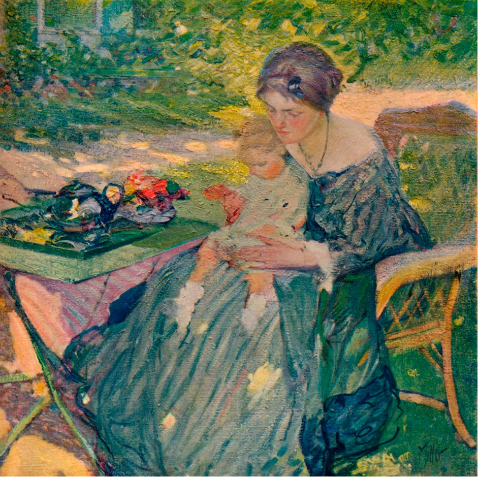 Woman in teal dress sitting at garden table with flowers, impressionist painting with dappled light