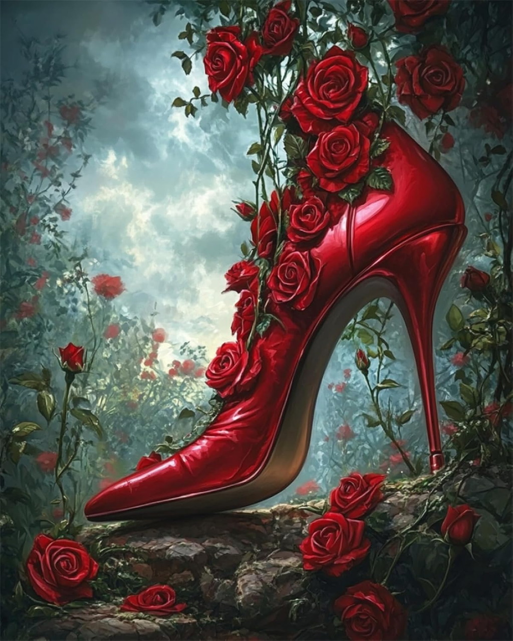 Glossy red high heel decorated with red roses in a surreal garden setting with cloudy sky