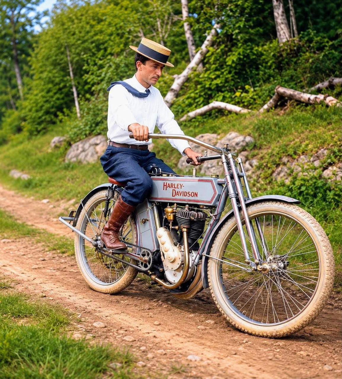 Vintage colorized photo of a young man sitting on a Harley-Davidson motorcycle on a dirt road