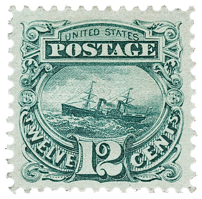 Vintage United States 12 cent postage stamp featuring a sailing ship on a white background