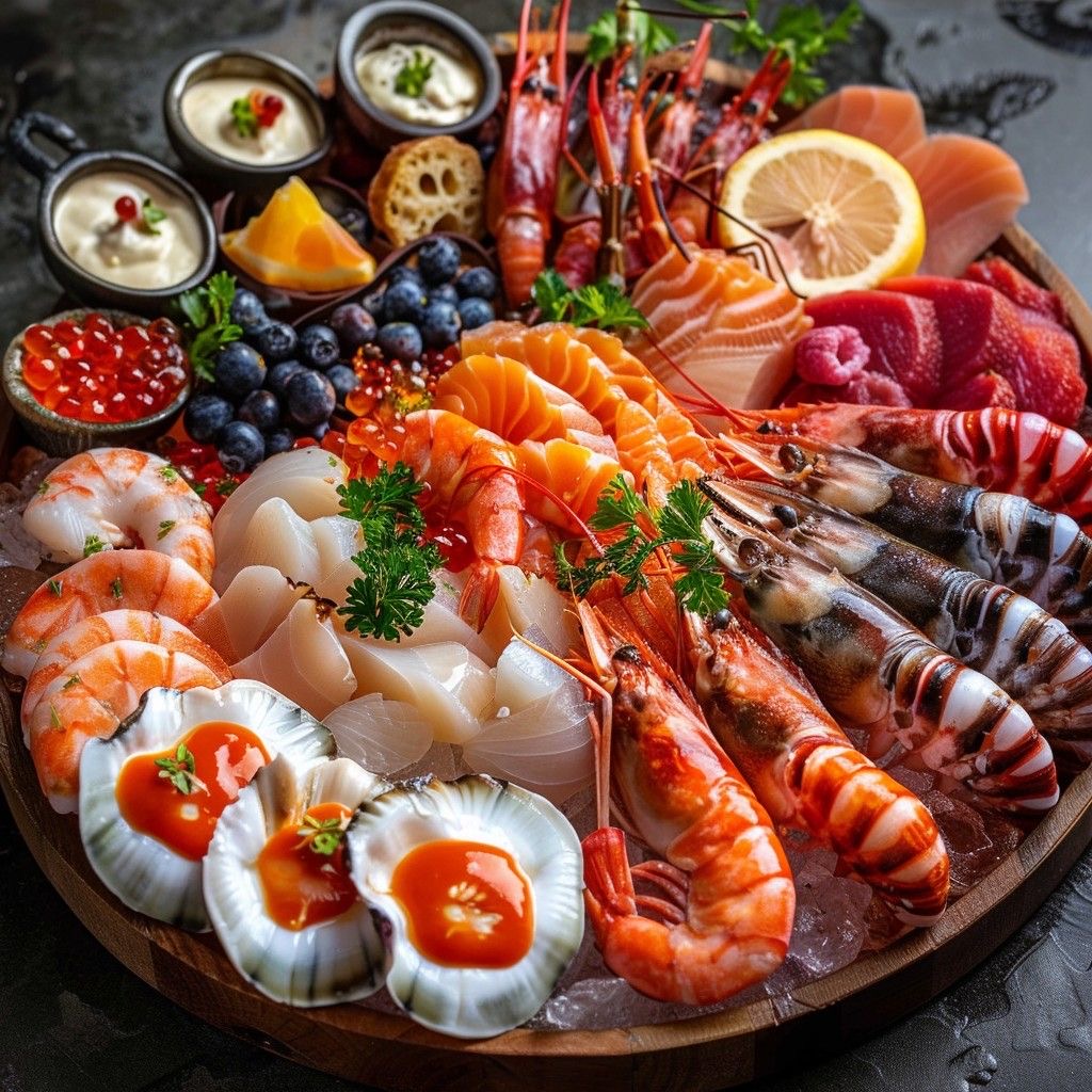 Round wooden platter with raw shrimp, scallops, salmon sashimi, crayfish, beries, and dipping sauces