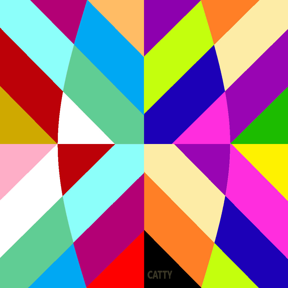Colorful geometric abstract with radiating triangular shapes in bright hues forming a symmetrical kaleidoscope pattern