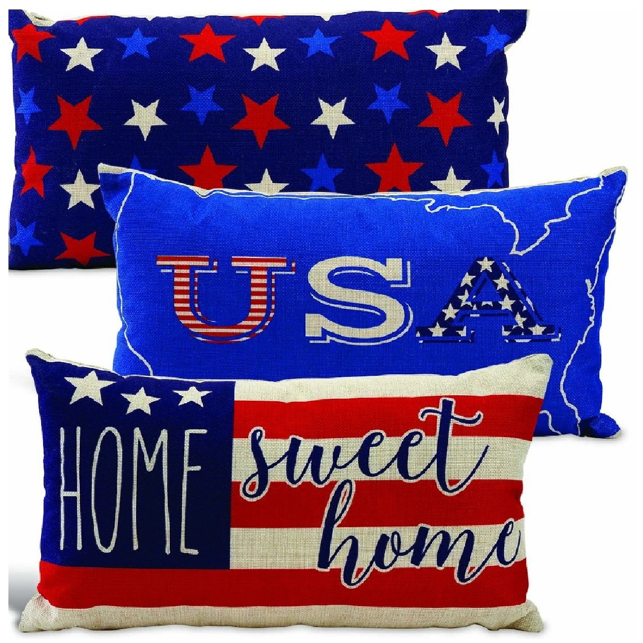 Three patriotic decorative pillows with stars, USA map, and American flag Home Sweet Home design