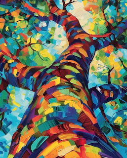 Abstract painting of tree with rainbow-colored bark and leaves in bold, textured brushstrokes