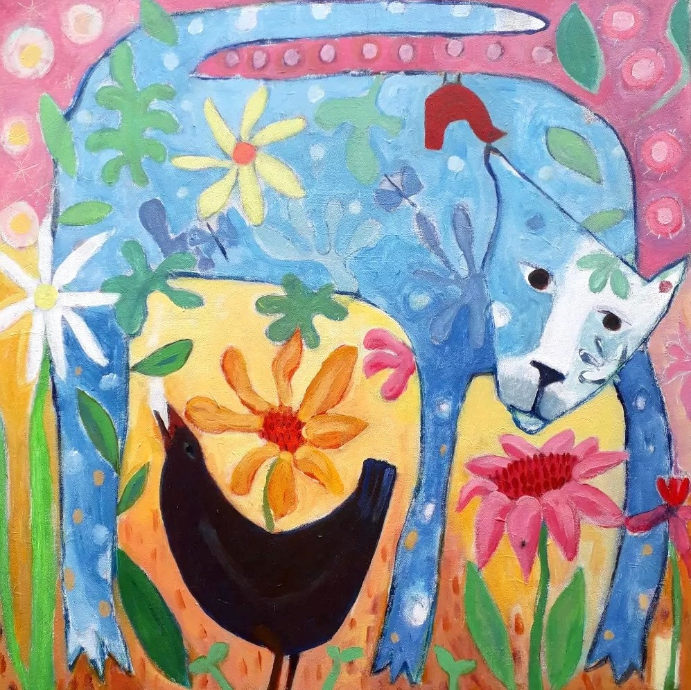 Folk art painting of a blue dog with floral patterns and a bird perched on its back under a pink sky