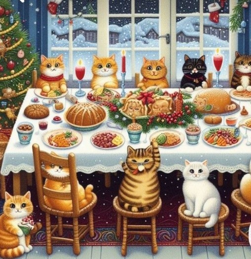 Illustrated cats sitting at a Christmas dinner table filled with festive food and decorations