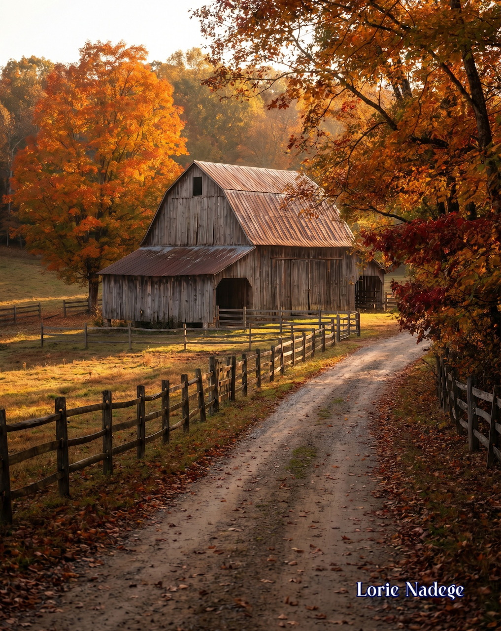 Rustic barn along a dirt road surrounded by colorful autumn trees and wooden fence
