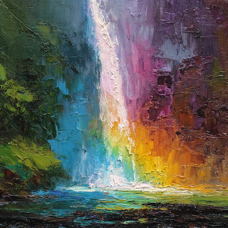 Colorful painting of a waterfall flowing into a pool with blue, green, purple, and golden tones