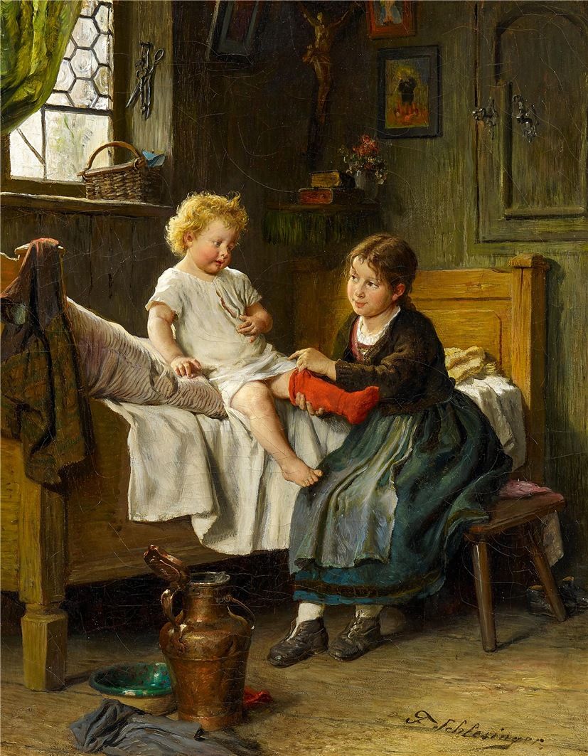 Painting of a girl reading a red book to a young child seated on a bed in a rustic interior