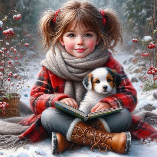 Girl Reading with Puppy Winter