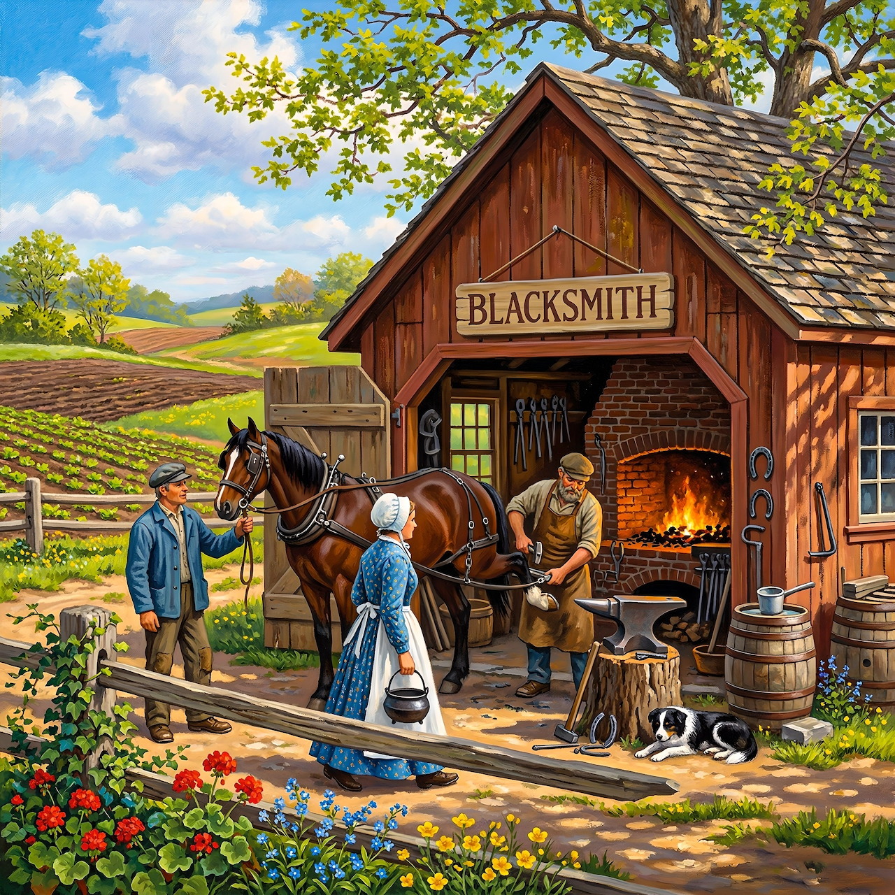 Blacksmith shoeing a horse outside a wooden workshop with forge and tools in a rural landscape