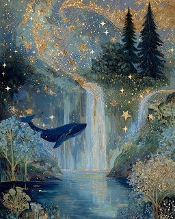 Fantasy painting of a blue whale floating by a waterfall in a stary enchanted forest with golden light