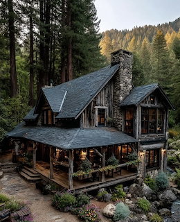 Rustic wooden cabin with stone chimney surrounded by tall pine trees in a forest setting