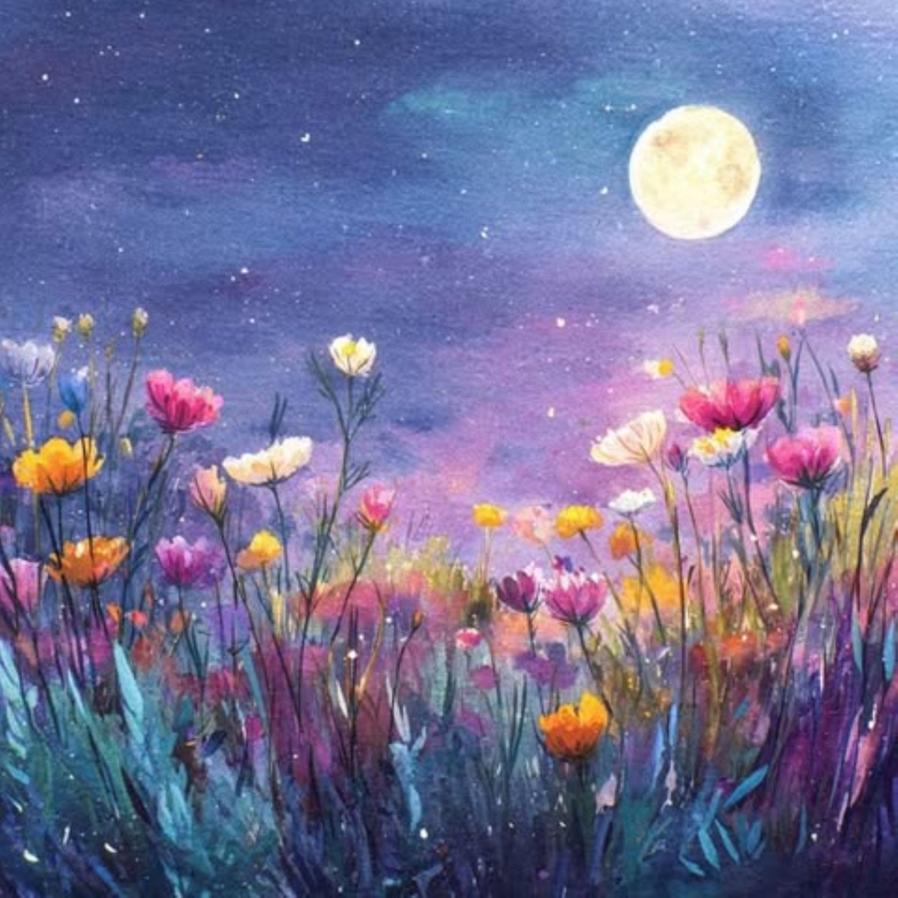 Colorful wildflowers under a full moon in a starry night sky with purple and blue gradient