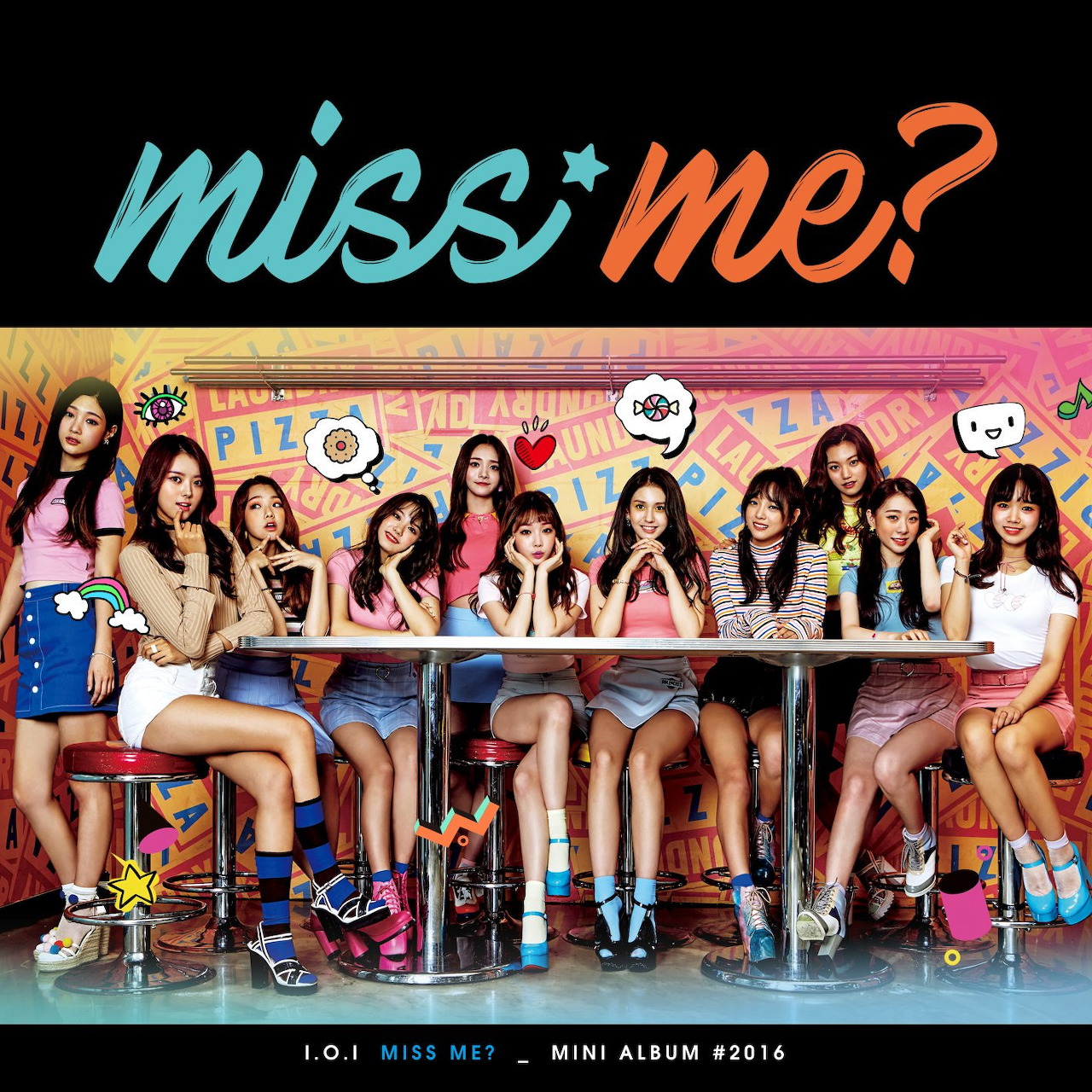 I.O.I girl group members sitting at bright retro diner counter with miss me text above