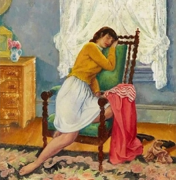 Painting of a sleeping woman leaning on a chair in a room with a dresser and window curtains