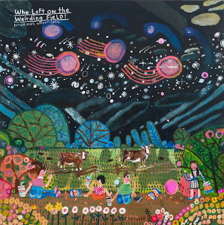 Whimsical painting of children in a field with cows and flowers beneath a starry sky with planets