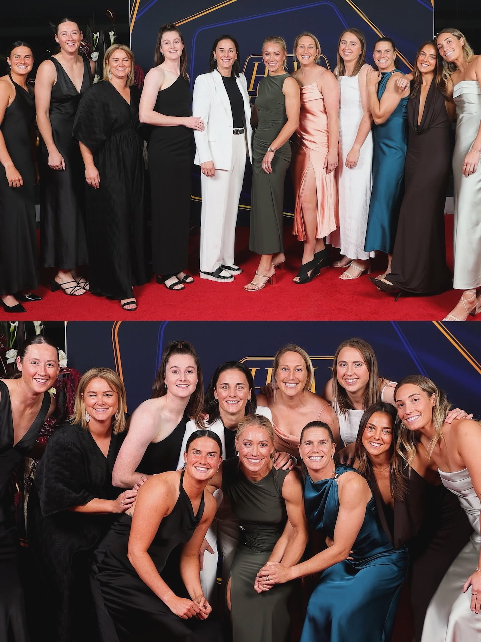 Group of women in formal gowns posing together on red carpet