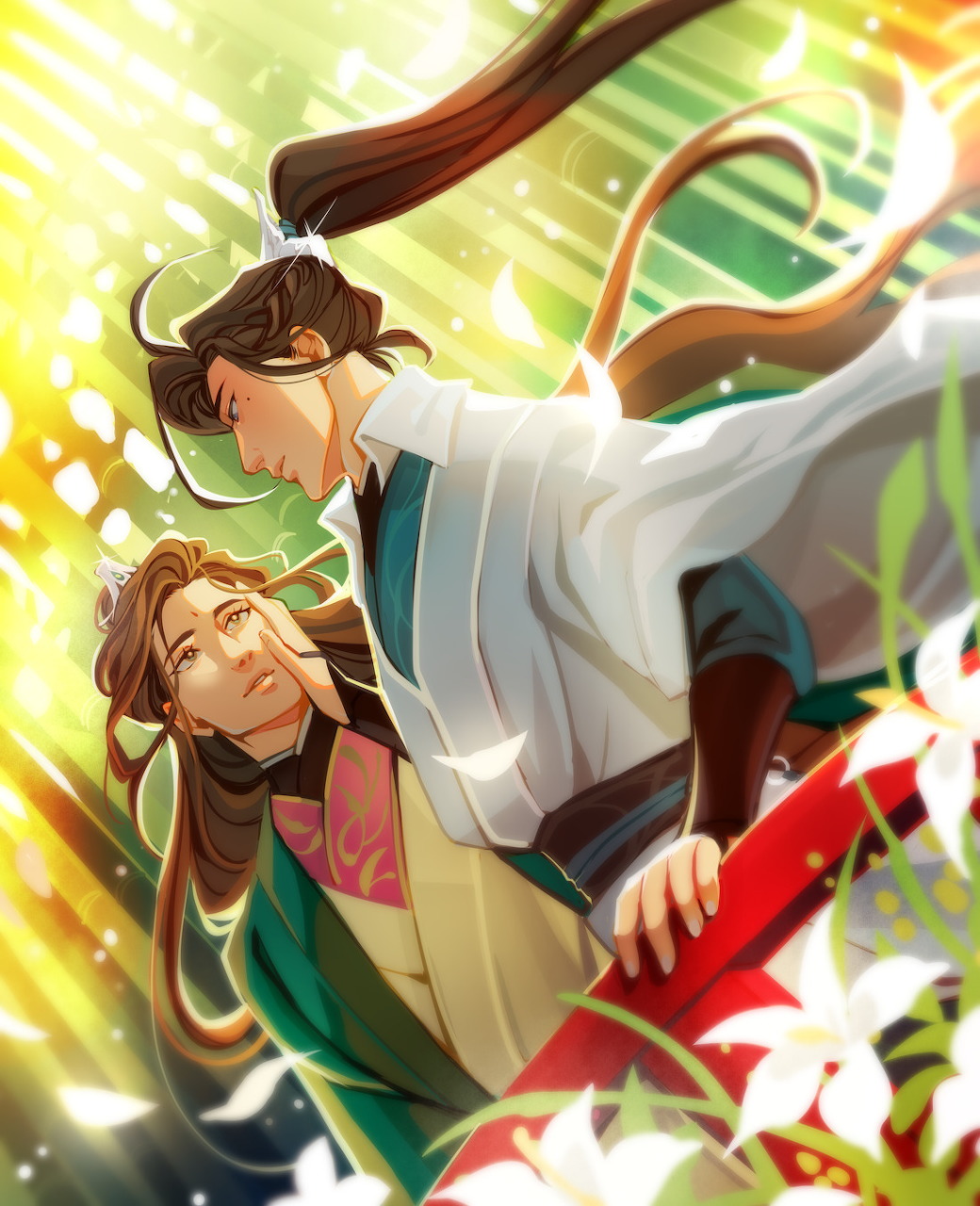 Two characters in flowing traditional Chinese robes with long hair, surrounded by white flowers and golden light