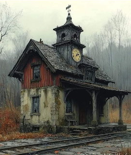 Decaying vintage railway station with clock tower beside railroad tracks in misty atmosphere