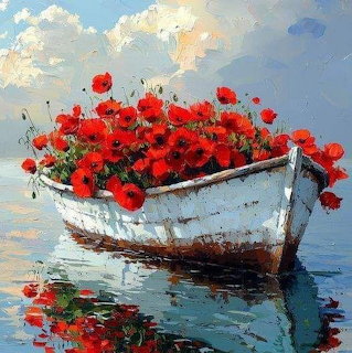 Oil painting of old white boat filled with red poppies on water with cloudy sky