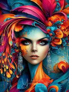 Digital art portrait of a woman wearing colorful feathered headdress with vibrant orange, pink, and teal tones