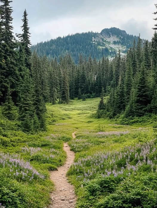 Narrow dirt trail winding through a wildflower meadow surrounded by evergreen forest and a mountain peak