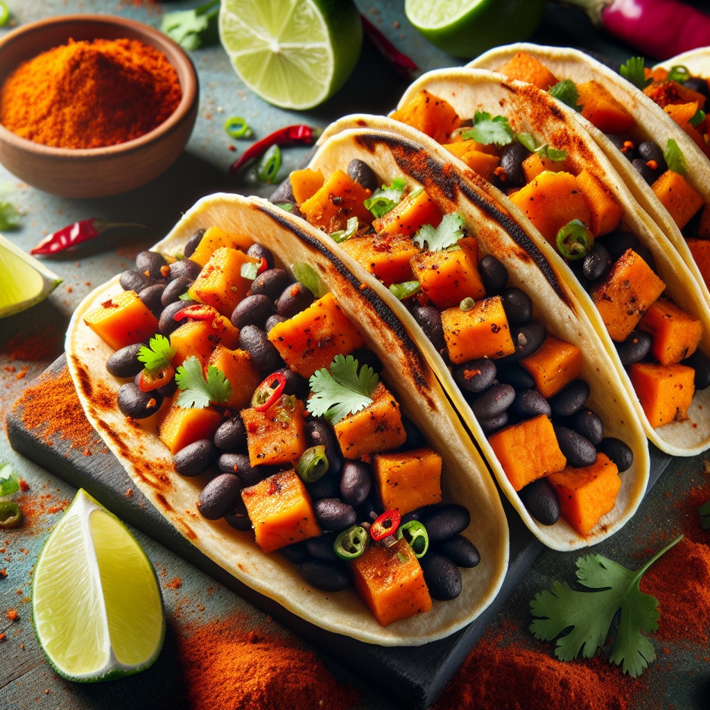 Three tacos with sweet potato and black beans garnished with cilantro, surrounded by limes and spices