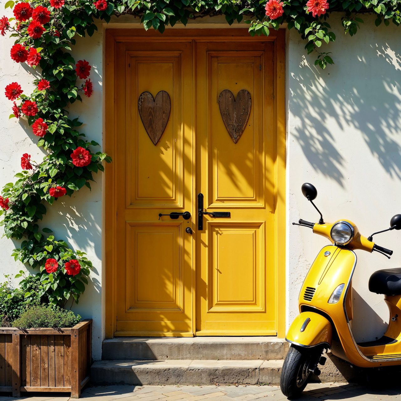 Yellow double doors with heart shapes, red flowers climbing the frame, and a yellow scooter parked outside