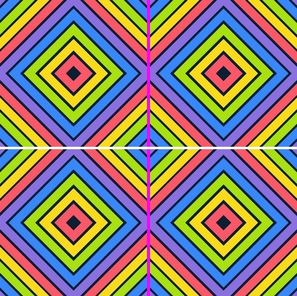 Symmetrical geometric pattern with colorful nested diamonds in rainbow hues