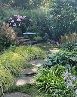 Stone path through cottage garden with birdbath and lush plants