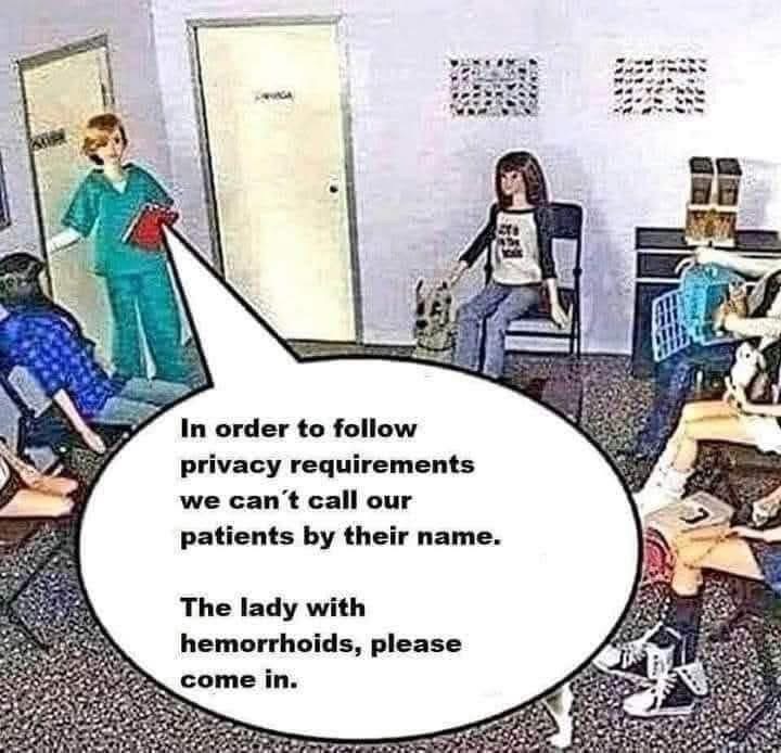 Cartoon clinic waiting room with seated patients, a nurse, and a large speech bubble