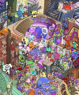Colorful cartoon illustration of a crowded city street packed with diverse monsters and creatures