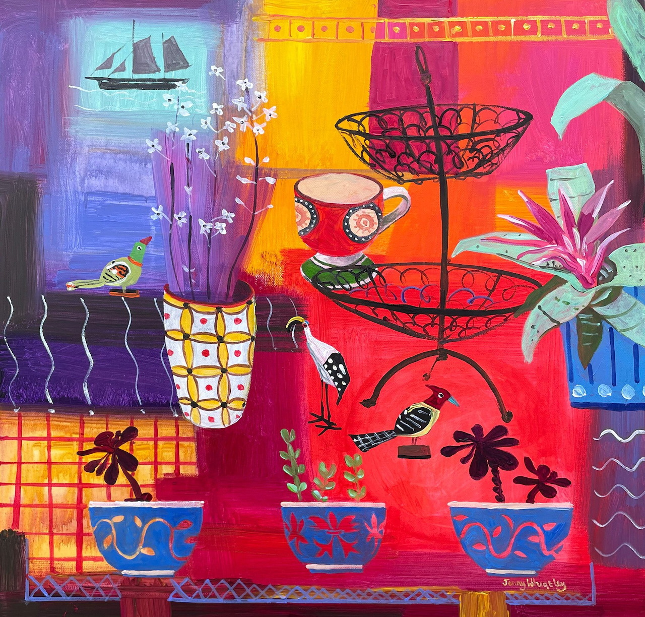 Colorful abstract painting showing table with teacups, cake stand, plants and decorative objects in warm orange, pink and purple hues