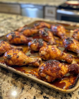 Baking tray of glazed BBQ chicken drumsticks on a granite kitchen counter