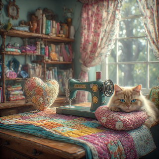 Fluffy orange cat beside a vintage sewing machine on a colorful quilted table in a cozy sunlit craft room