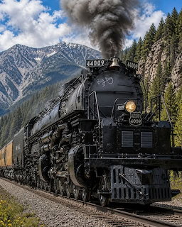 Black Union Pacific Big Boy 4009 steam locomotive moving through a mountain valley with smoke billowing