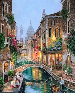 Painting of a Venetian canal with a bridge, gondola, and flower-covered buildings at dusk