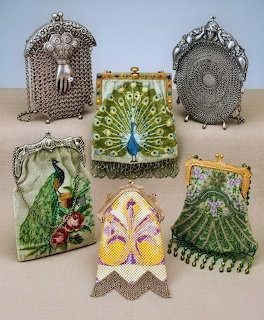 Six vintage Art Deco mesh evening purses with peacock and floral patterns