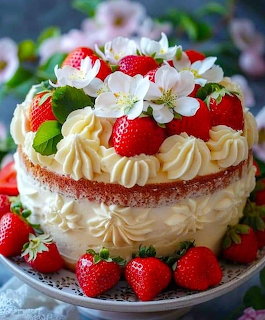 Layered cake with strawberries, cream frosting, and white flowers on top