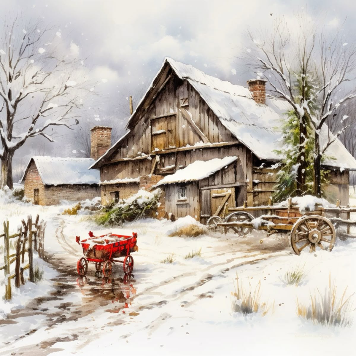 Watercolor painting of a snow-covered wooden barn with red wagon in winter landscape
