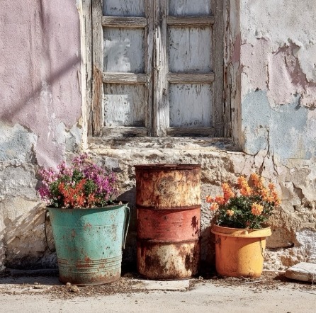 Rusty buckets and clay pots with pink and orange flowers beside a worn wall and aged wooden window