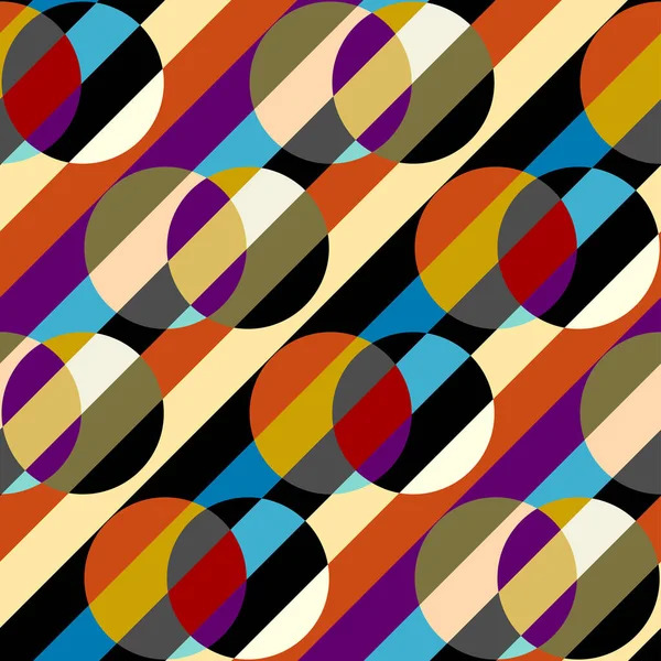 Colorful geometric pattern with overlapping circles and diagonal stripes in multiple bold colors