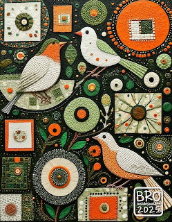 Colorful quilt design with two white birds and circular patchwork patterns on a black background